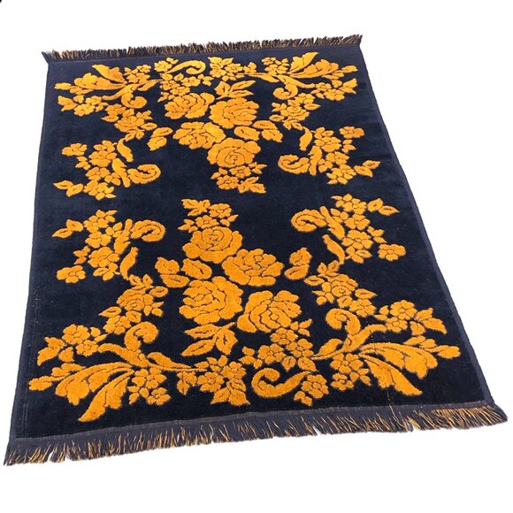 Vintage SEARS Navy Blue Rusty Gold Florals Bath Towel 25"x41" Reversible - Picture 2 of 10